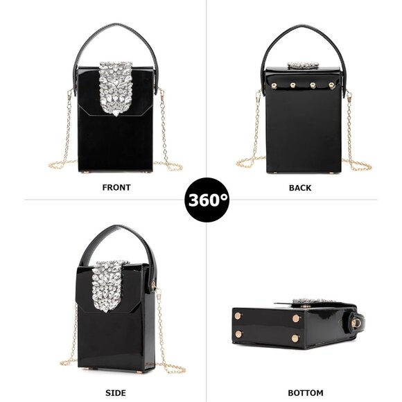 ⚡Women's Evening Rhinestone Box Detachable Chain Strap Black Crystal Clutch Bag - Picture 4 of 6